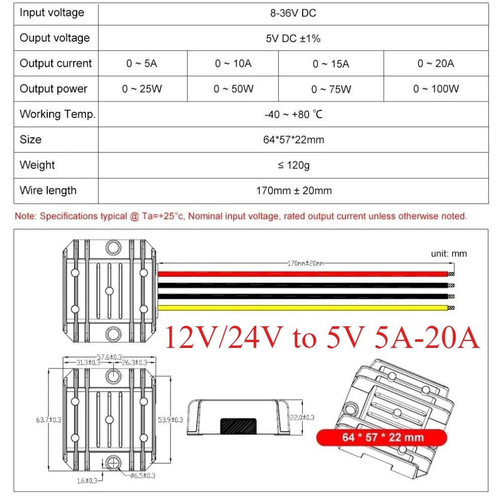 DC 12V/24V to 5V 5A 10A 15A 20A Step-down Power Converter Module Buck Voltage Regulator LED Switching Power Supply Adapter