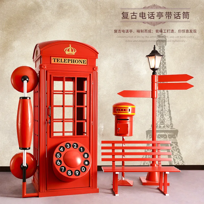 

Industrial style wrought iron new phone booth set large floor ornament scenic mall clock in photo model props