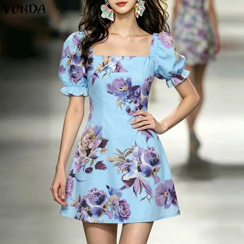 

2026 VONDA Plus Size Mini Dresses Sexy Women Short Sleeve Summer Party Dress Printed Beach Sundress Casual Loose Robe A-Line