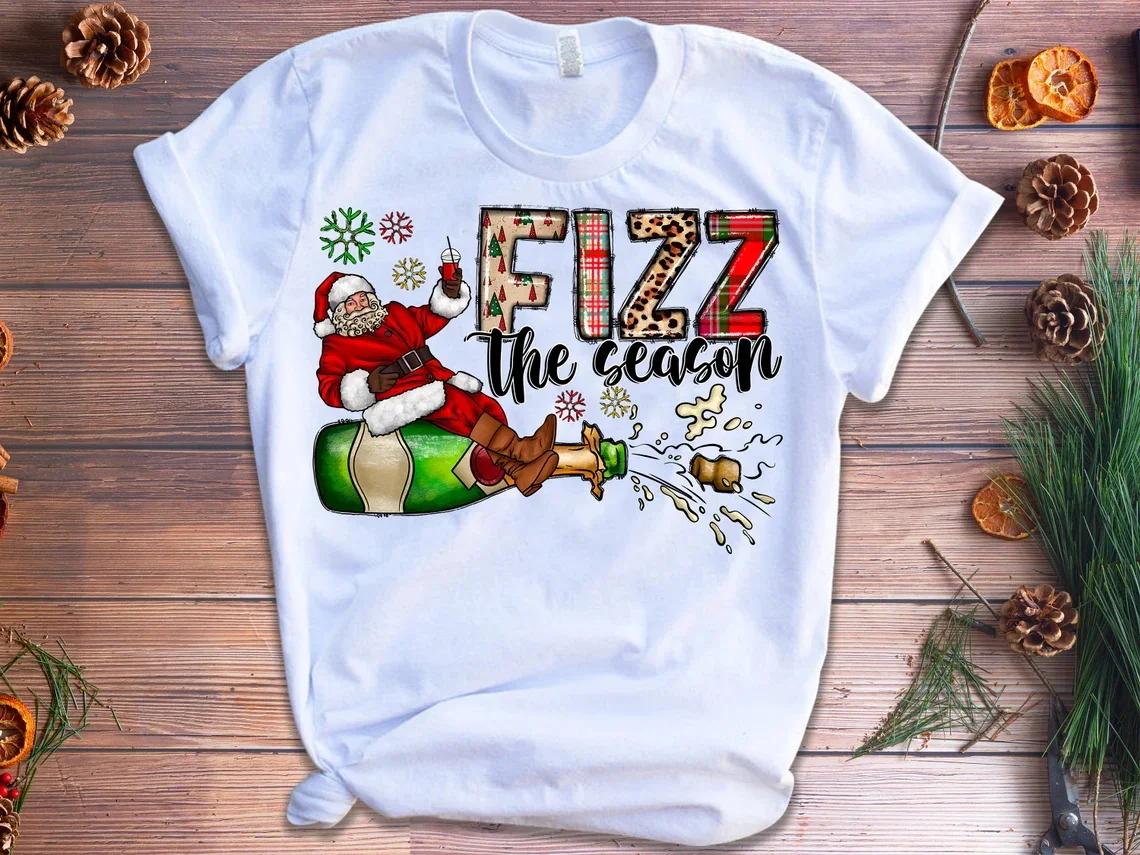 Santa Claus Fizz The Season Graphic Print T Shirt Women Dabbing Through The Snow Christmas Gift Tshirt Femme Harajuku Shirt