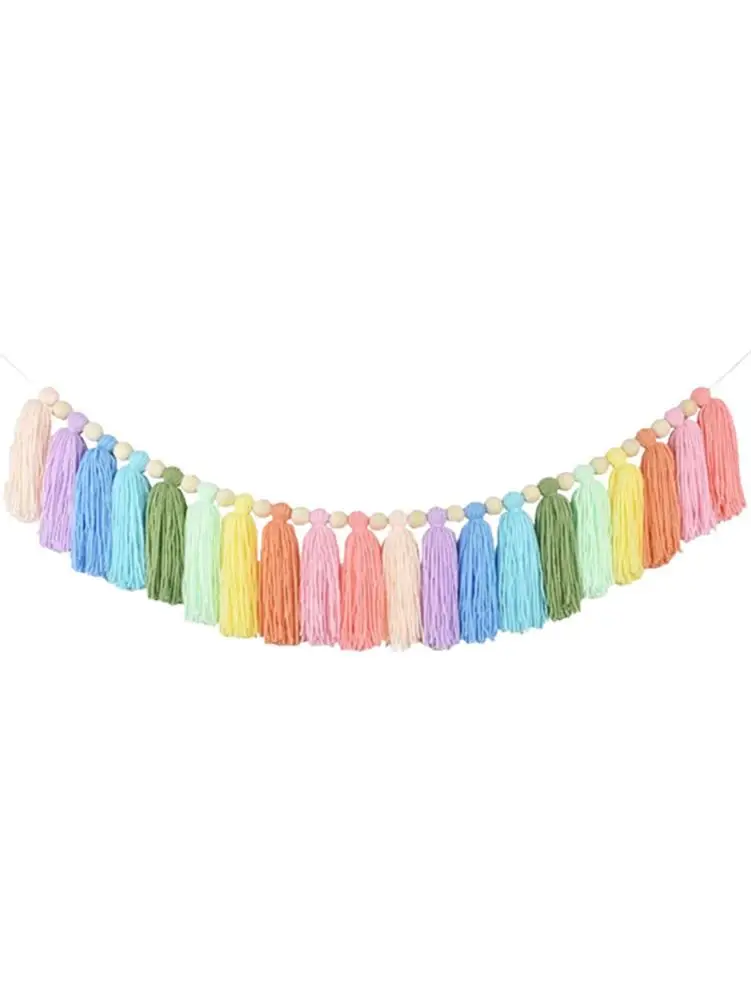 Guirnaldas de borlas de arco iris para decoración de pared, banderines de borlas de macramé con borlas de madera, guirnaldas bohemias para