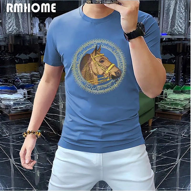 Men's Short Sleeve T-shirt Hot Diamond Sequin Horse Personalized Fashion Brand Male Tees 2023 Dummer New Luxury Man Clothing Top