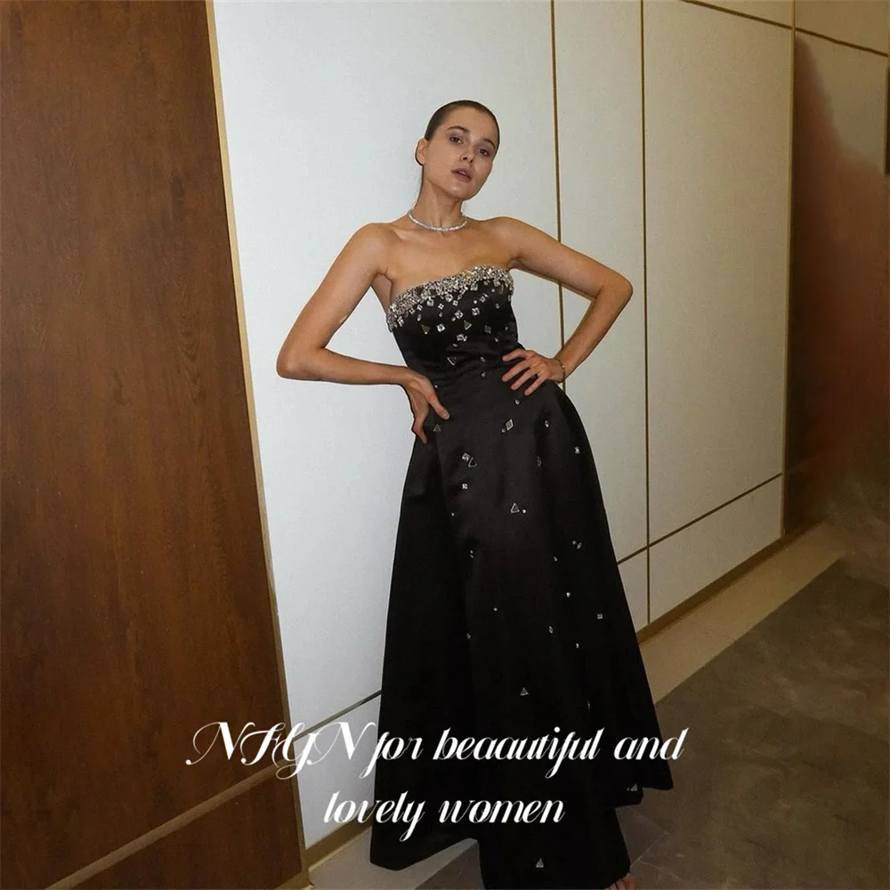 NFYN Black Party Dress Strapless Sleeveless Evening Dresses Beading On Chest Party Gown A Line Prom Gown for Women Customized