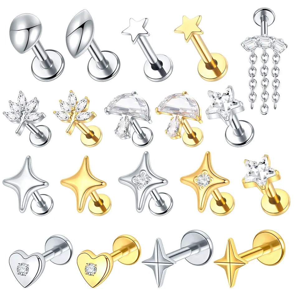 1/5 قطعة G23 التيتانيوم الأذن الغضروف شقة عودة مسمار ستار و القلب Labret ثقب الشفاه اللولب Daith الزنمة ثقب القرط للنساء #1