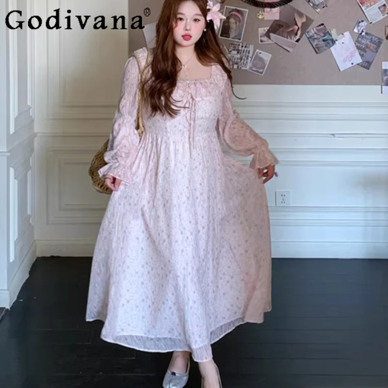 

Новое весеннее женское платье большого размера с цветочным принтом, квадратным вырезом, модное, универсальное, с завышенной талией, А-силуэт, для отпуска, с длинным рукавом, розовое