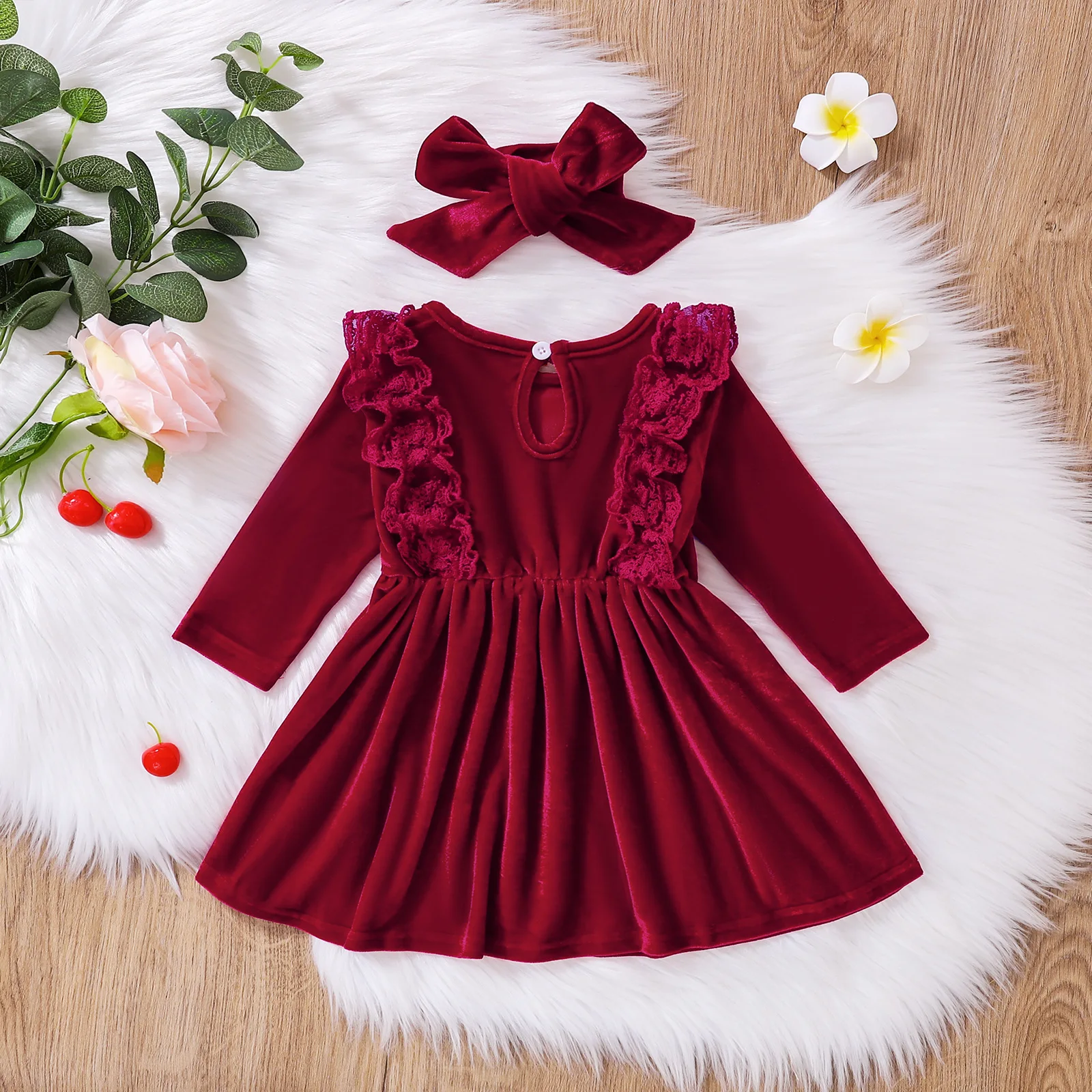 2pcs Baby Girls Dress Lace Long Sleeved Velvet Lining Headband Infant Autumn and Winter Fashion Solid Color Dress