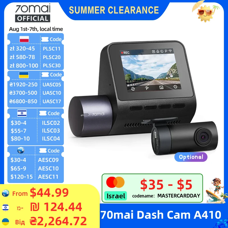 70mai Dash Cam A410 Przednia kamera 1440P Tylna 1080P Rejestrator samochodowy Wersja ulepszona Rejestrator…