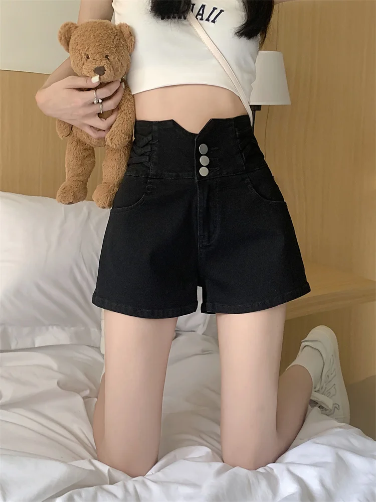 

Джинсовые брюки Bla с высокой талией, женские тонкие брюки большого размера, подчеркивающие живот, закрывающие живот, широкие шорты трапециевидной формы