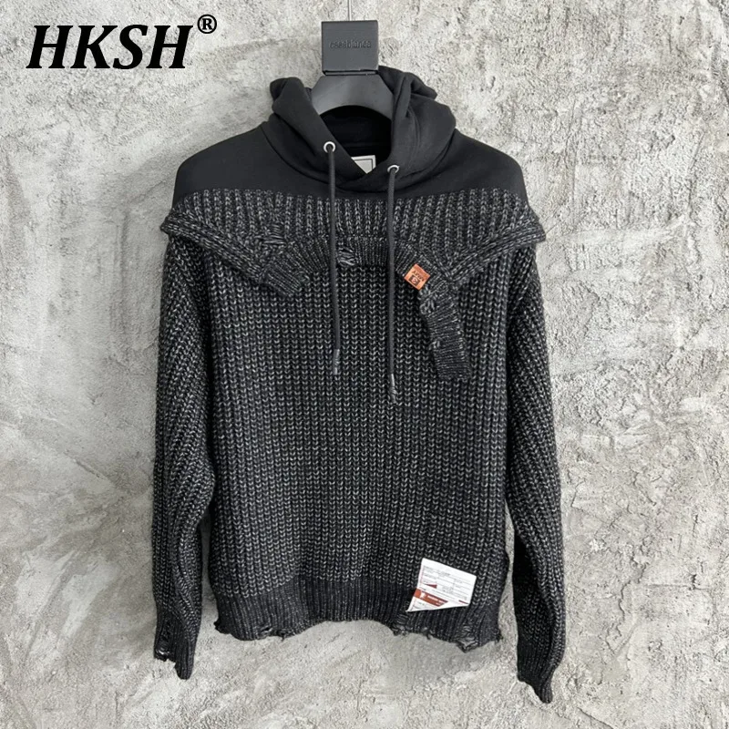 HKSH Spring Autumn Winter New Men's Tide Knitted Sweater Hooded Deconstruction Splicing Sweater Fake Two Pieces Hoodies HK2350