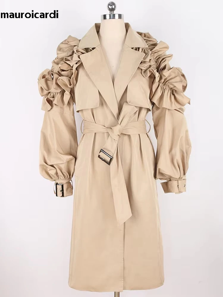 Mauroicardi Spring Khaki Long Trench Coat for Women with Ruffled Sleeve Belt Elegant Chic Modest Luxury Black Overcoat 2025