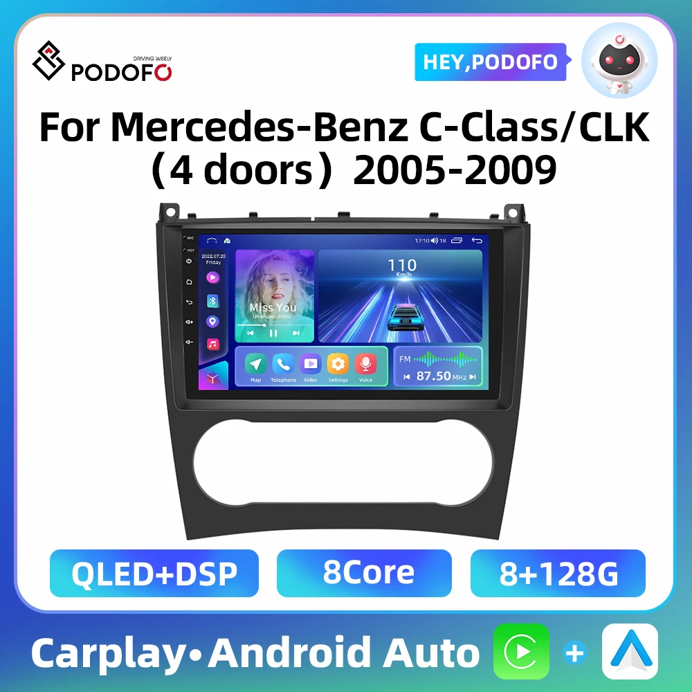 Podofo 2 Din Android 8+128GB Car Radio For Mercedes-Benz C-Class/GLK 2005-2009 Multimedia Video Player 4G WIFI DSP Touch Screen