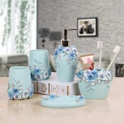 Nordic Bathroom Decoration Accessories Simple Resin Romantic Flower Toothbrush Holder Soap Dispenser Tray Bathroom Supplies Set