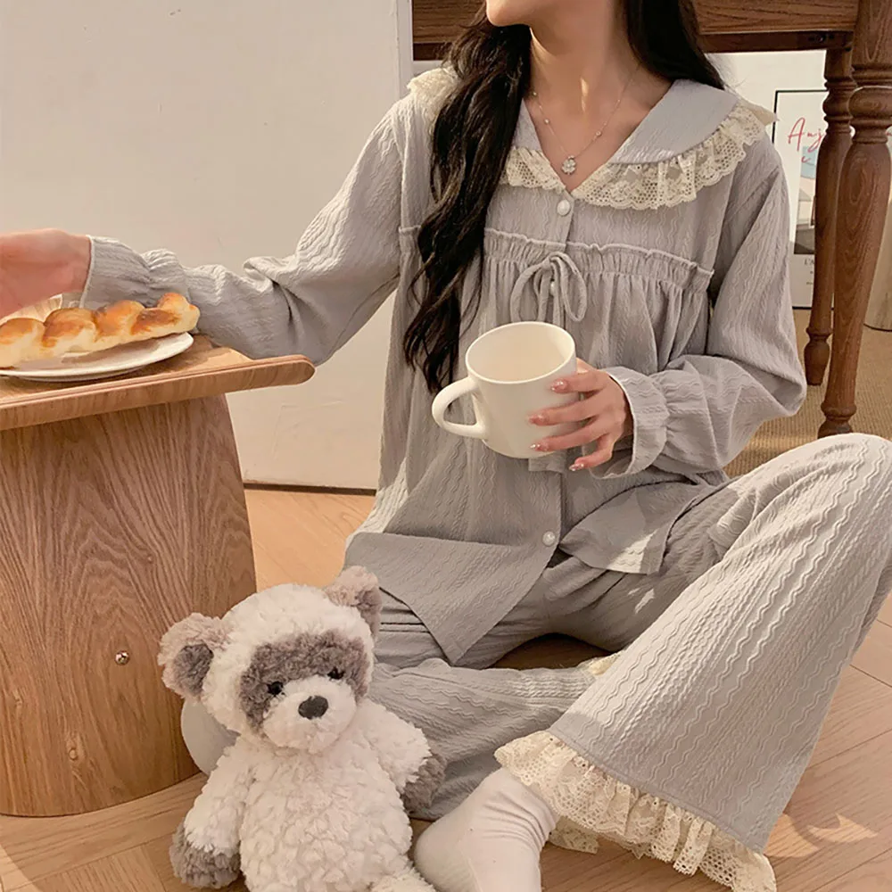 Long Sleeve Sweet French Princess Style Lace Home Nightgown Spring New Long Sleeved Pullover Loose Pants 2Pcs Lady Sleepwear Set