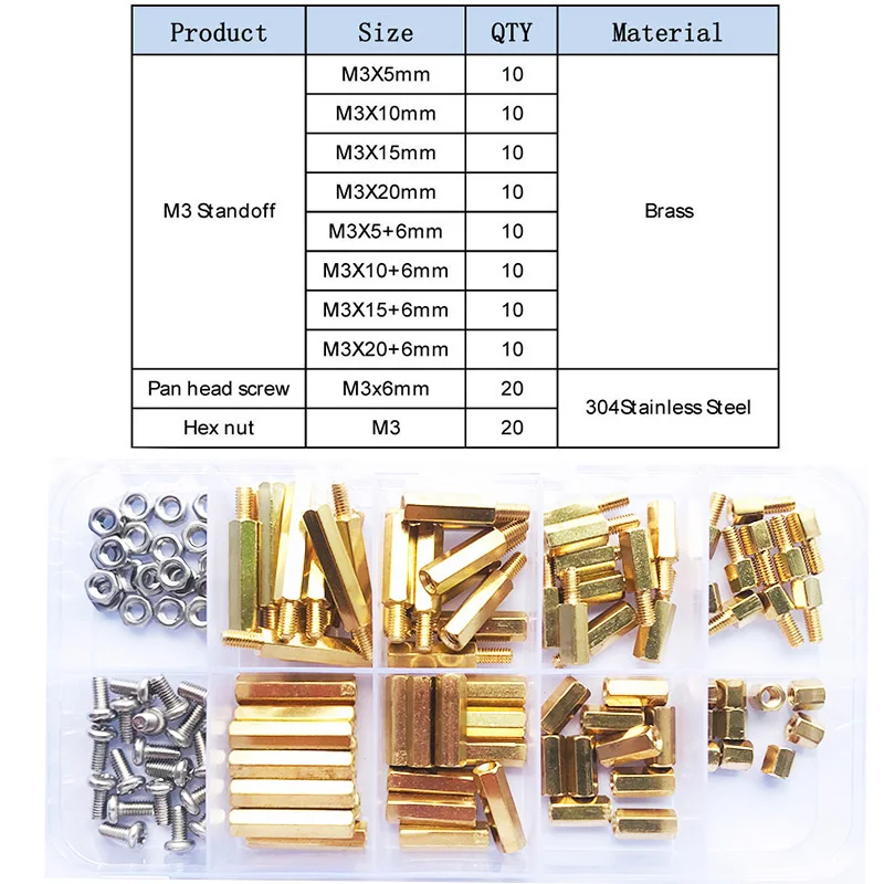 M3 Sechs kant Messing Abstands halter mit Messing Schrauben mutter Kit Platine Motherboard Abstands halter Abstands halter Schraube Mutter Gewinde Säulen halterung Stecker Buchse Abstands halter – Detail 1