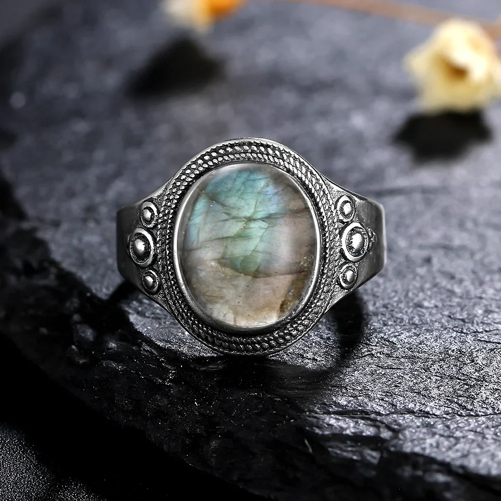 Silver Ring for Women Oval Round Natural Labradorite Ring Gift Sun Shaped Retro Luxury Fine Jewelry