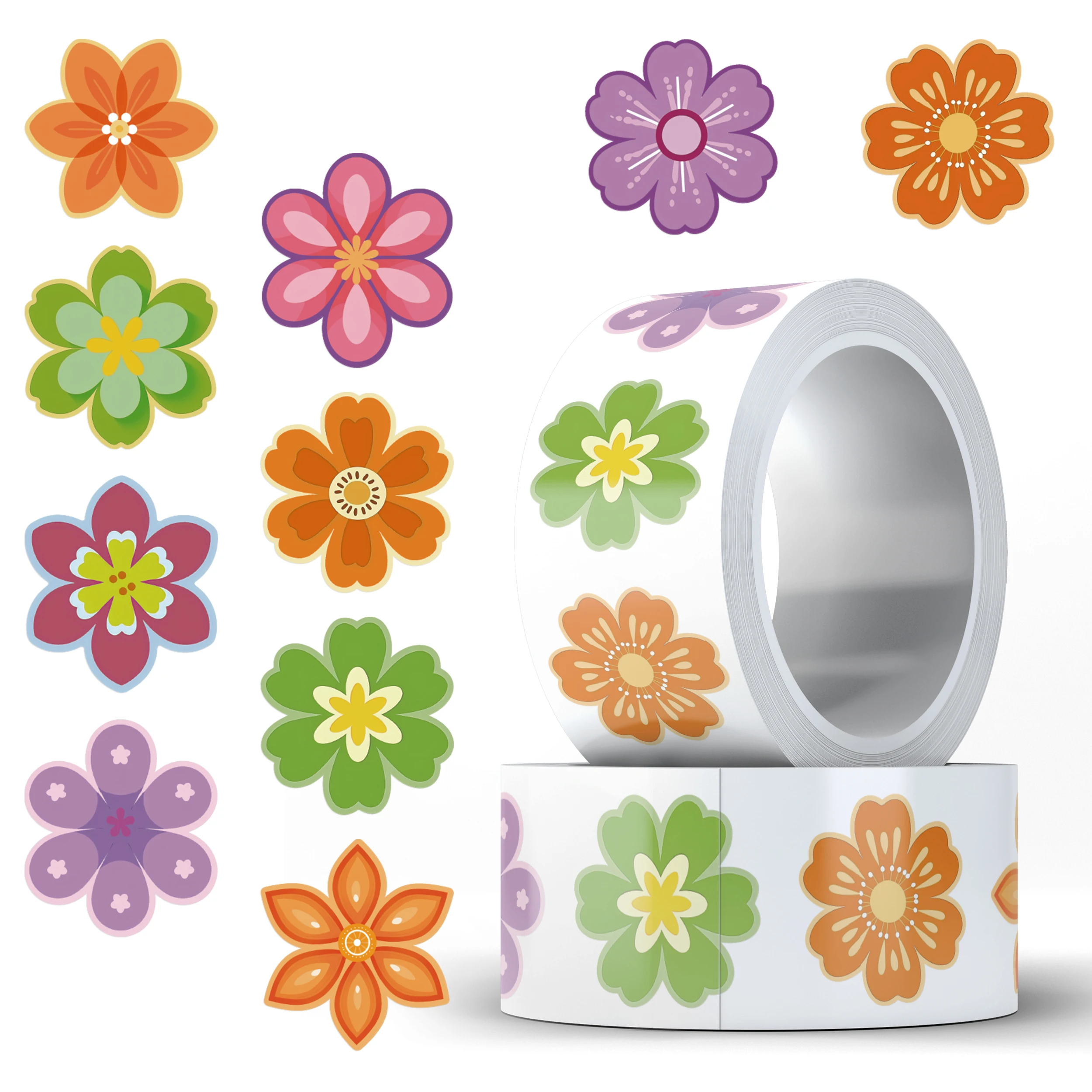 

500pcs/roll Cute Cartoon Colorful Flowers Stickers For Luggage Laptop Guitar Phone Diary Student Reward Decals(10 Patterns)