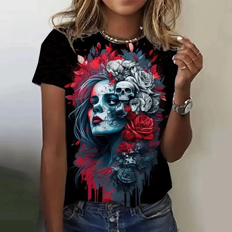 

3D Printed Rose Skull T Shirt For Women Vintage Pattern Tees Summer Casual Harajuku O-Neck Tops Short Sleeves Oversized T-Shirts