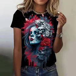 3D Printed Rose Skull T Shirt For Women Vintage Pattern Tees Summer Casual Harajuku O-Neck Tops Short Sleeves Oversized T-Shirts