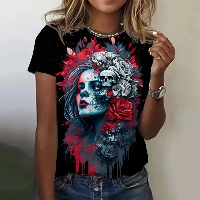 3D Printed Rose Skull T Shirt For Women Vintage Pattern Tees Summer Casual Harajuku O-Neck Tops Short Sleeves Oversized T-Shirts