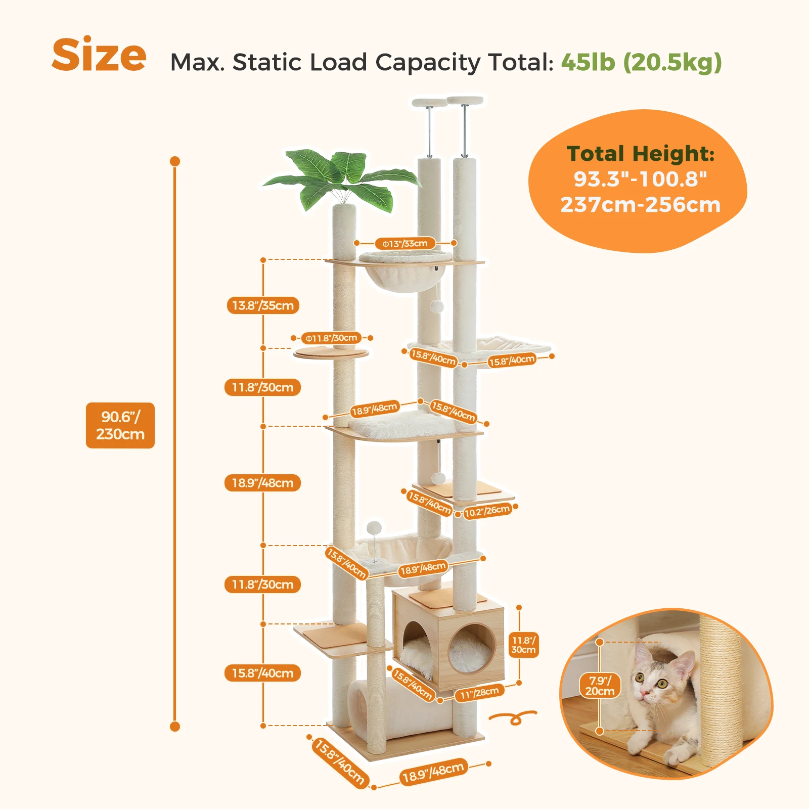Hoogteverstelbare kattenboom van vloer tot plafond 237-256cm, houten hoge kattenboomtoren met krabpalen, condo, zitstokken & hangmat