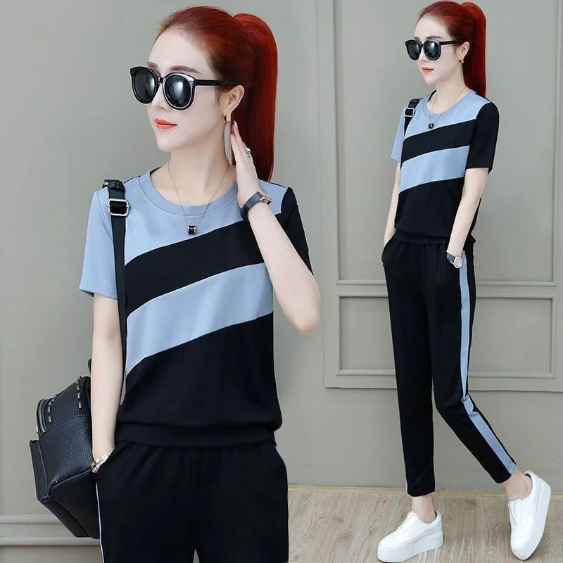 Women\'s Sports Suit 2024 Spring Summer New Korean Loose Short Sleeve Tops And Pants Two Piece Set Student Casual Running Outfits