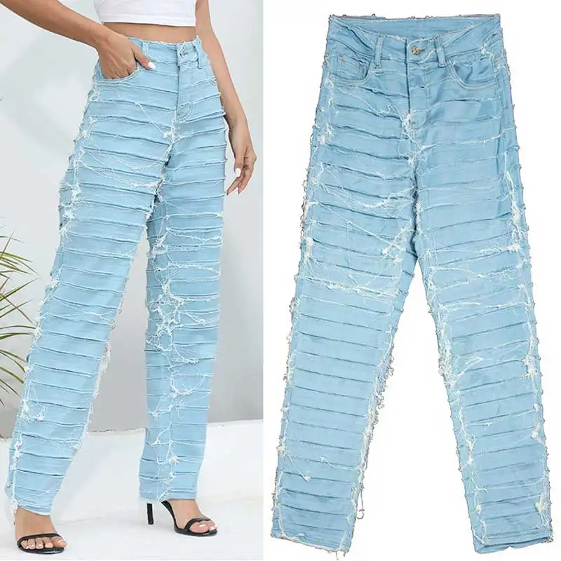 Womens' thickened striped loose distressed jeans Hand-distressed straight-leg jeans