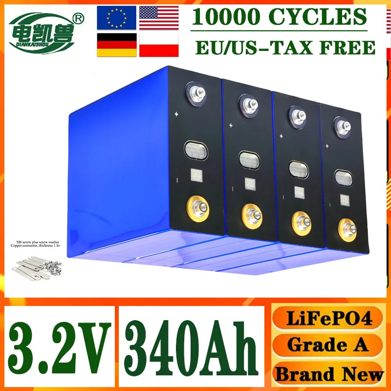 

340Ah 10000 cycle LiFePO4 3.2V rechargeable battery, suitable for DIY 12V 24V 48V caravan marine solar energy system no tax