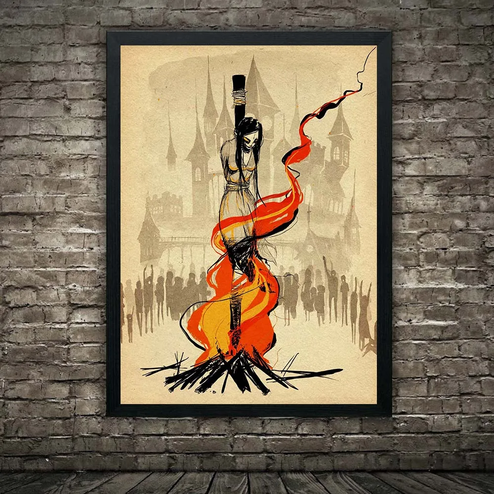 Charming Demon Succubus And Witch Vintage Wall Art Canvas Painting Pentagram & Bloodthirsty Vampire Girl Art Poster Print Decor