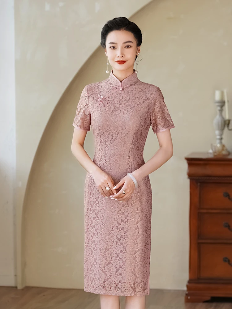 

Summer 2025 New Sle Mommy's Lace Dr Slimming Belly Covering Festive Retro Daily Wear ort Sve Pure Color