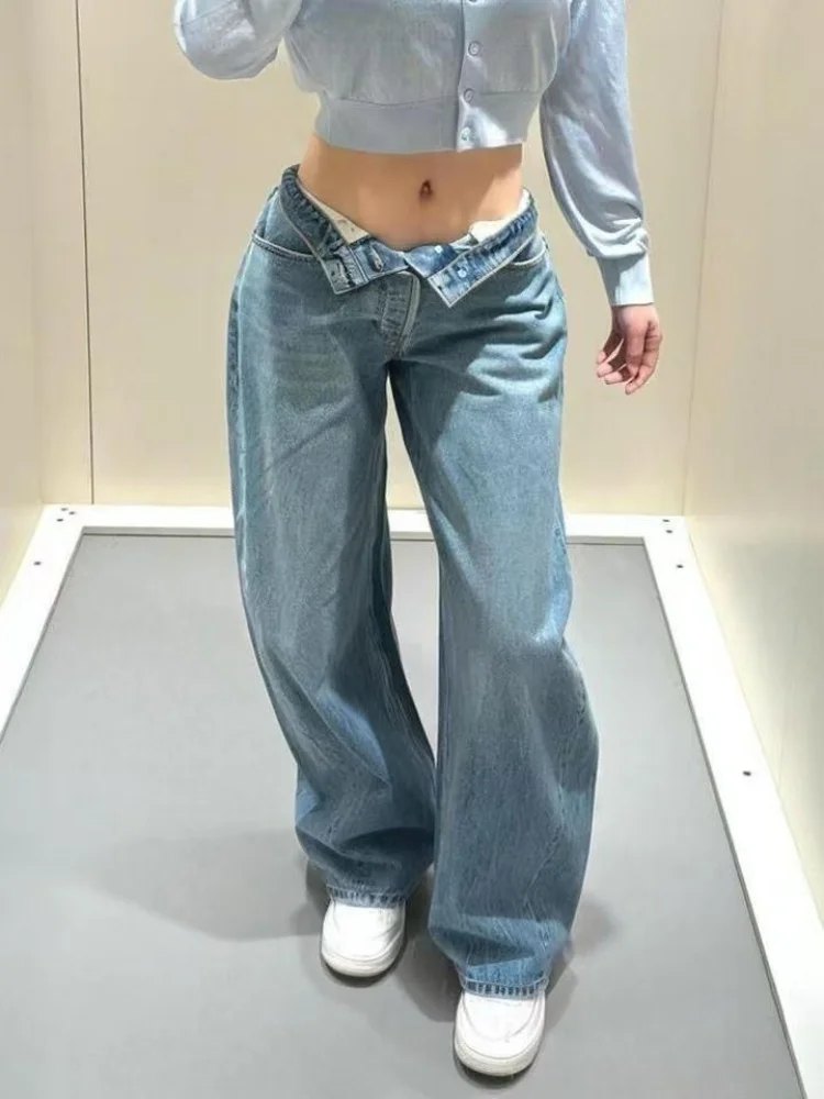 2025 Ropa Y2Kสไตล์Hot Fix Rhinestone Baggyซ้อนกางเกงยีนส์กางเกงผู้หญิงเสื้อผ้าหรูหรากว้างขาLady Denimกางเกง