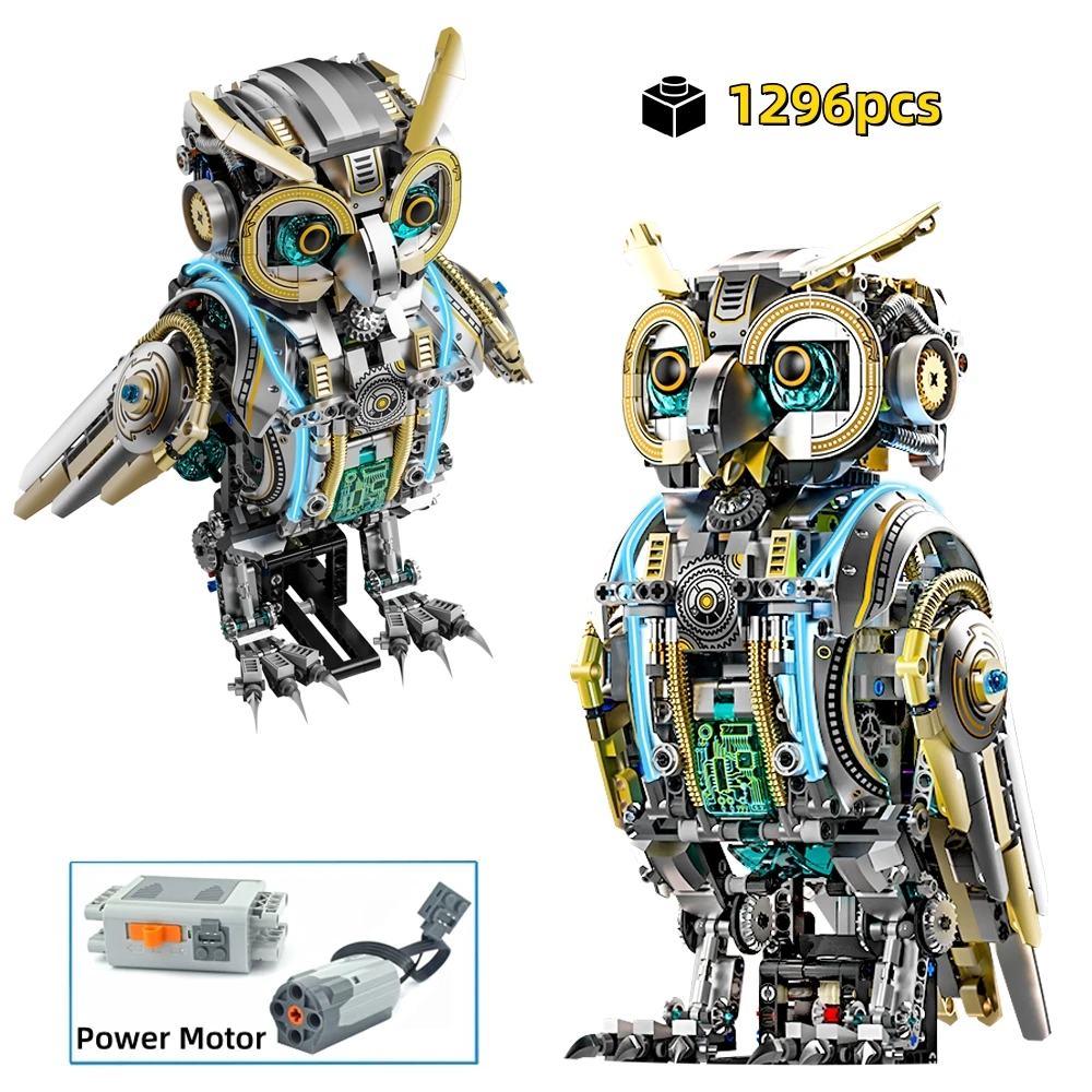 FUNXINEE 1296ピース モーター駆動フクロウブロック 高度な組み立てチャレンジ 光る目 キネティックモーション MOC ディスプレイ コレクターズギフト