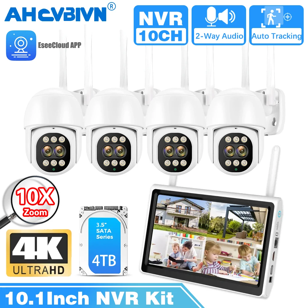 

10.1Inch Monitor 10CH NVR Kit Wireless PTZ Security 8MP 10X Zoom Camera System Two-Way Audio Home Wifi CCTV Surveillance Cameras