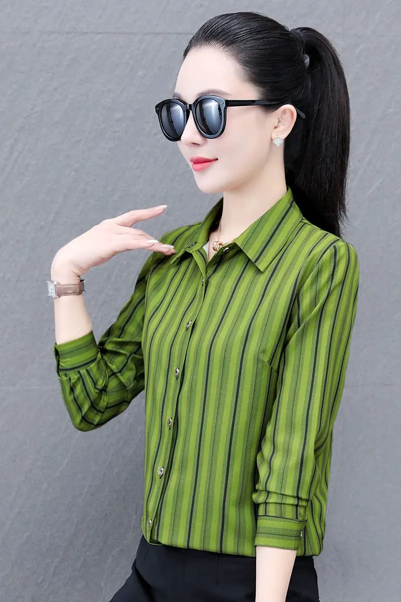

Stripe Long Sleeve Blouse Women Spring Autumn New Style Middle-aged Mother Versatile Fashion Shirt
