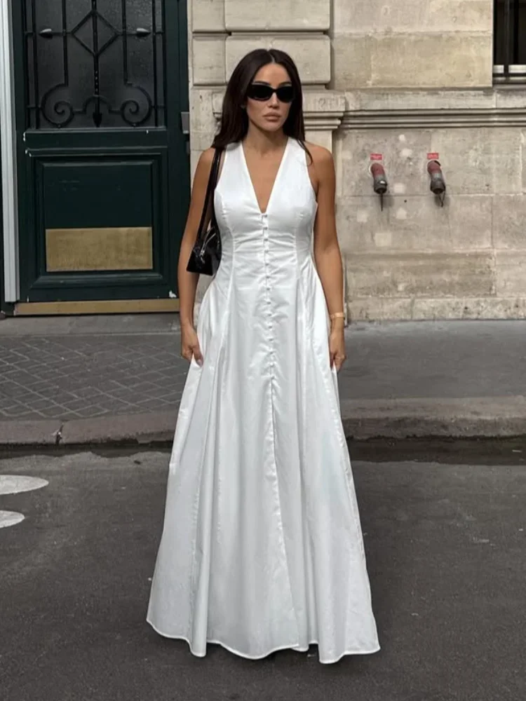 

Белое женское элегантное летнее платье макси с V-образным вырезом, на одной пуговице, без рукавов, с разрезом спереди, А-силуэт, для улицы, 2026