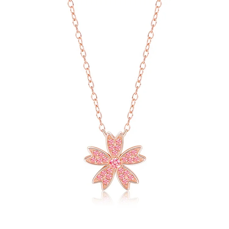 

Wholesales Fashion 925 Sterling Silver Necklace Romantic Pink Sakura Cherry Blossom Flower Pendant High Quality Jewelry Sets