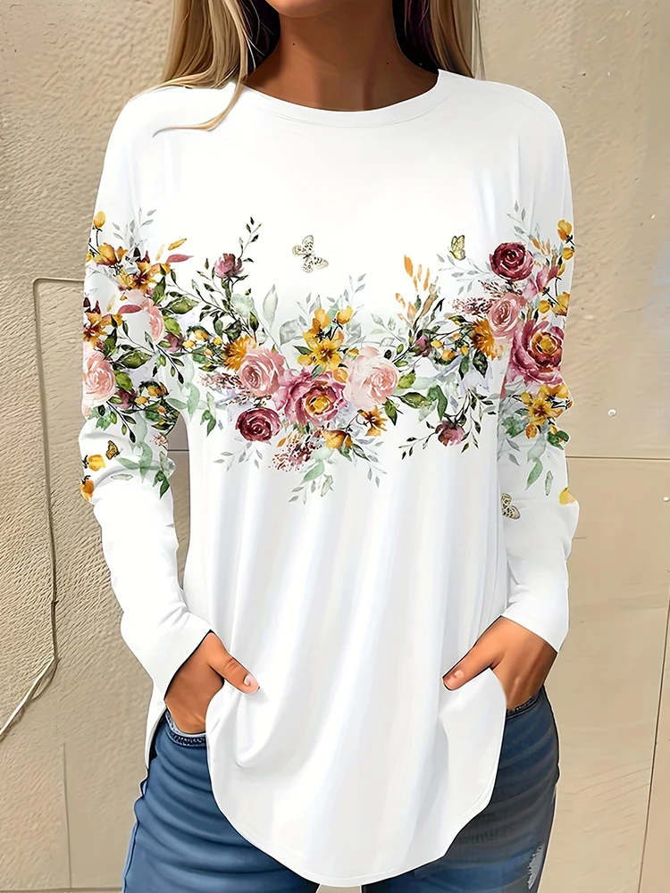 

Daily Women's Warm Tops For Autumn And Winter 3D Flower-printed Fashionable Long-sleeved T-shirts Street-style Casual T-shirts