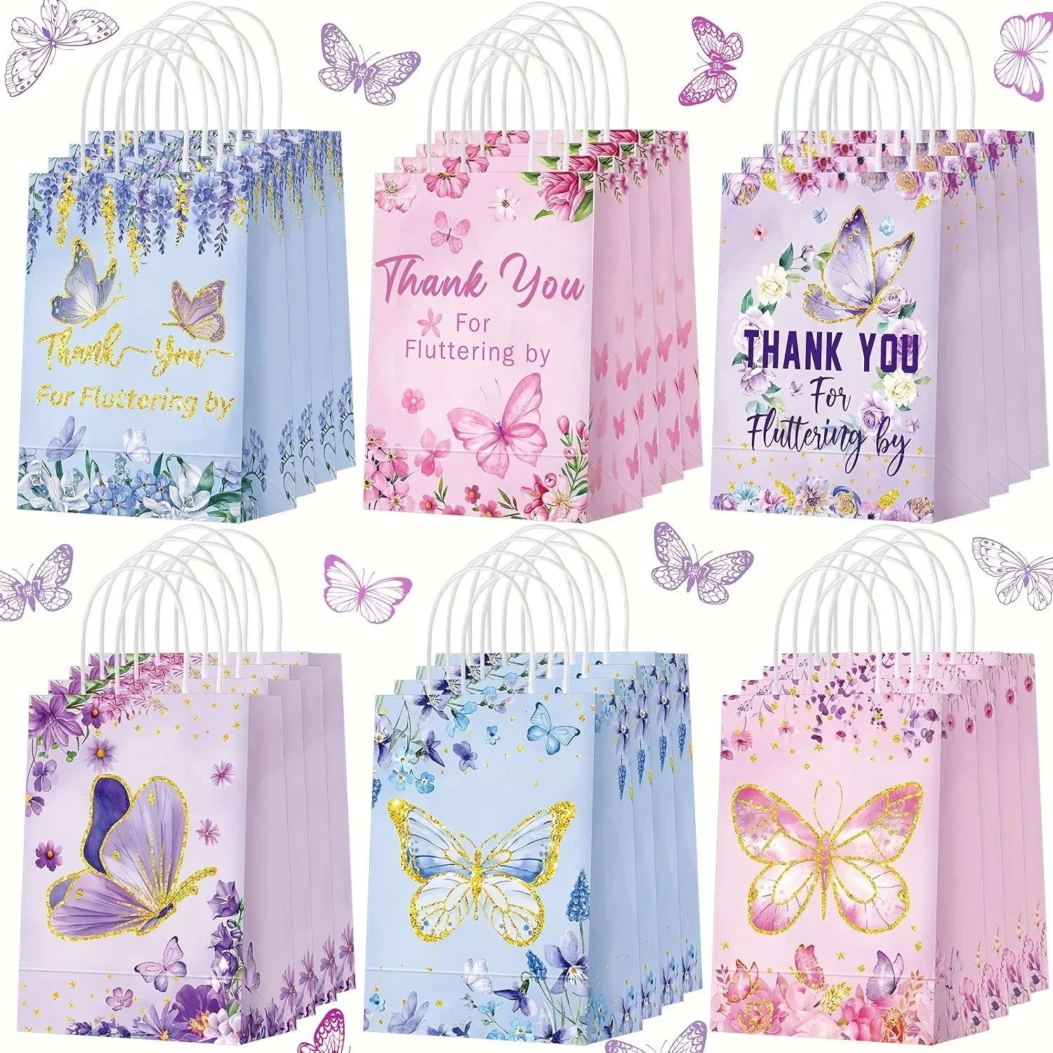 24pcs Butterfly Party Favors Flower Candy Gift Bags with Handles Thank You for Fluttering By Goodie Bag Birthday Baby Showers