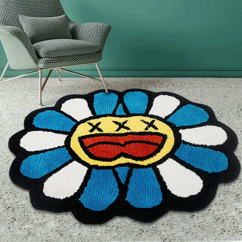 Double Smiling Face Flower Handmade Tufted Rug for Living Room Bedroom Decor Soft Plush Carpet Bedside Area Rugs Floor Mats