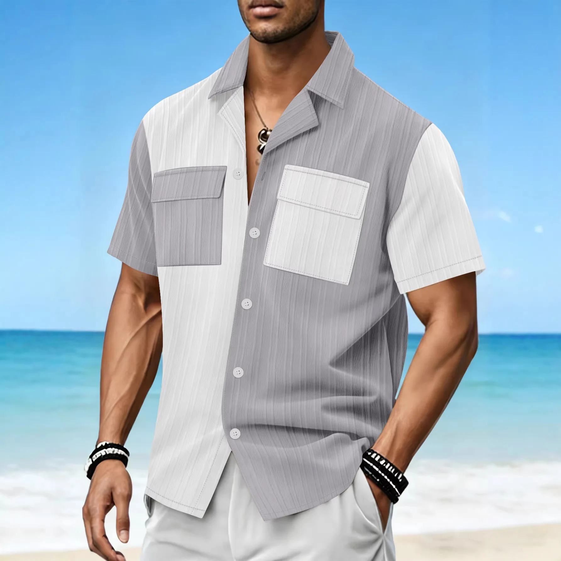 Men's Summer Color Matching Short Sleeve Breathable Casual Beach Button Cardigan Pocket Shirt