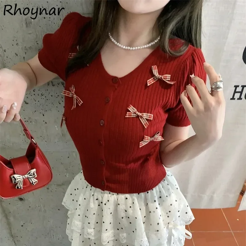 Knitted Short-sleeved Shirt Women Summer Sweet Lovely Girls All-match Casual Colthing Slim Fit Fashion Prevalent Bow Design Cozy