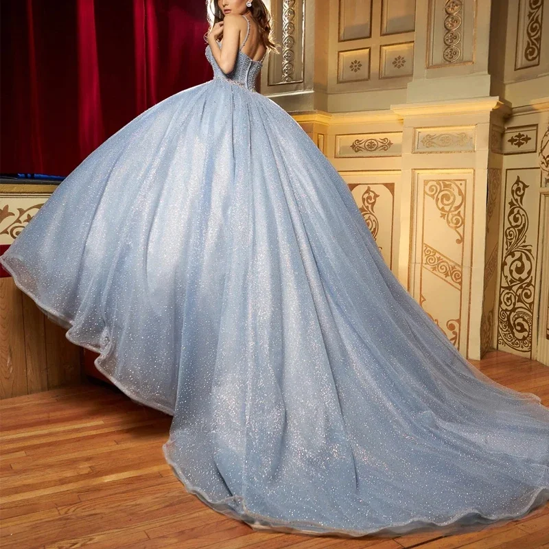 Angelsbridep Customized Light Blue Spaghetti Straps Ball Gown Quinnceanera Dresses Glitter Tulle Vestidos De 15 Quinceañera