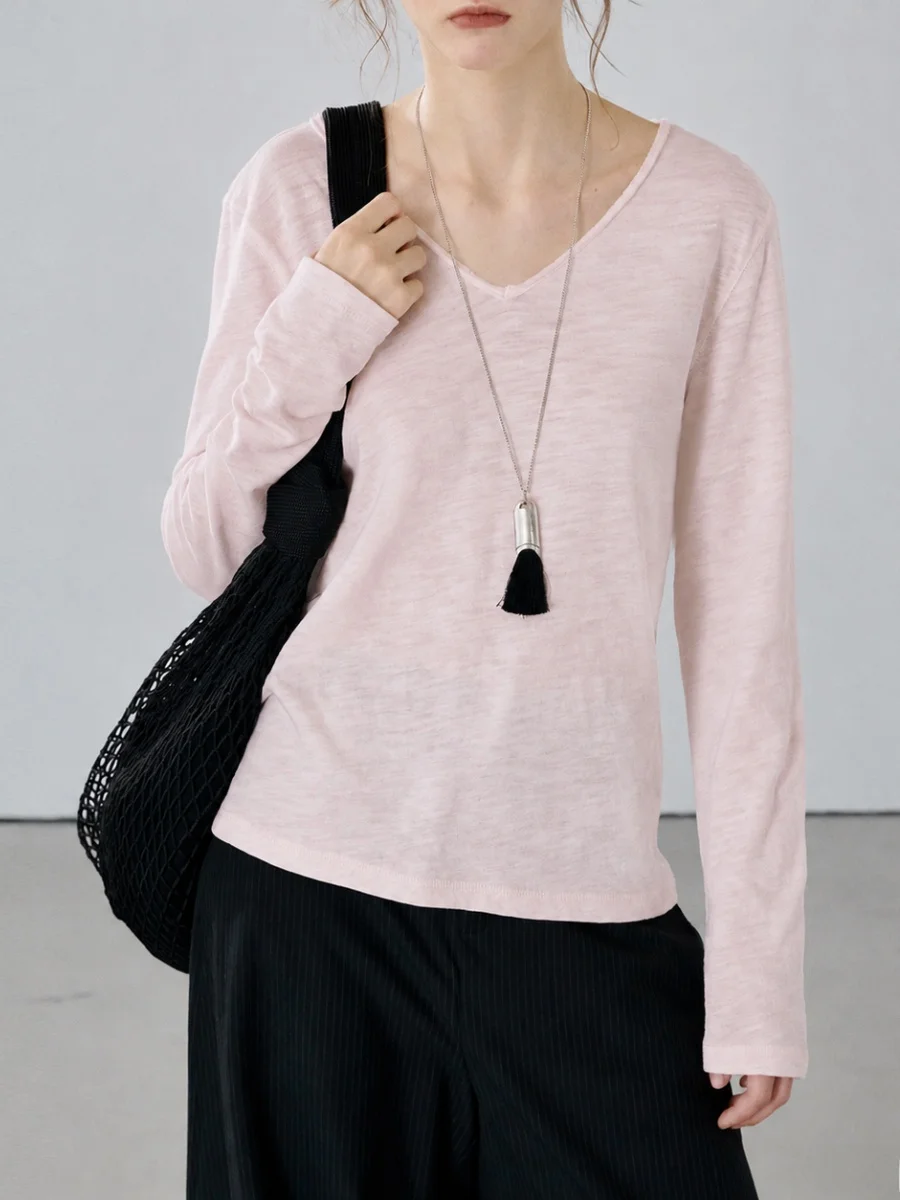 Soft Comfortable Bamboo Cotton Pink V-Neck Long Sleeve Fleece Lined Base Layer Shirt Women's T-Shirt Breathable Casual Wear