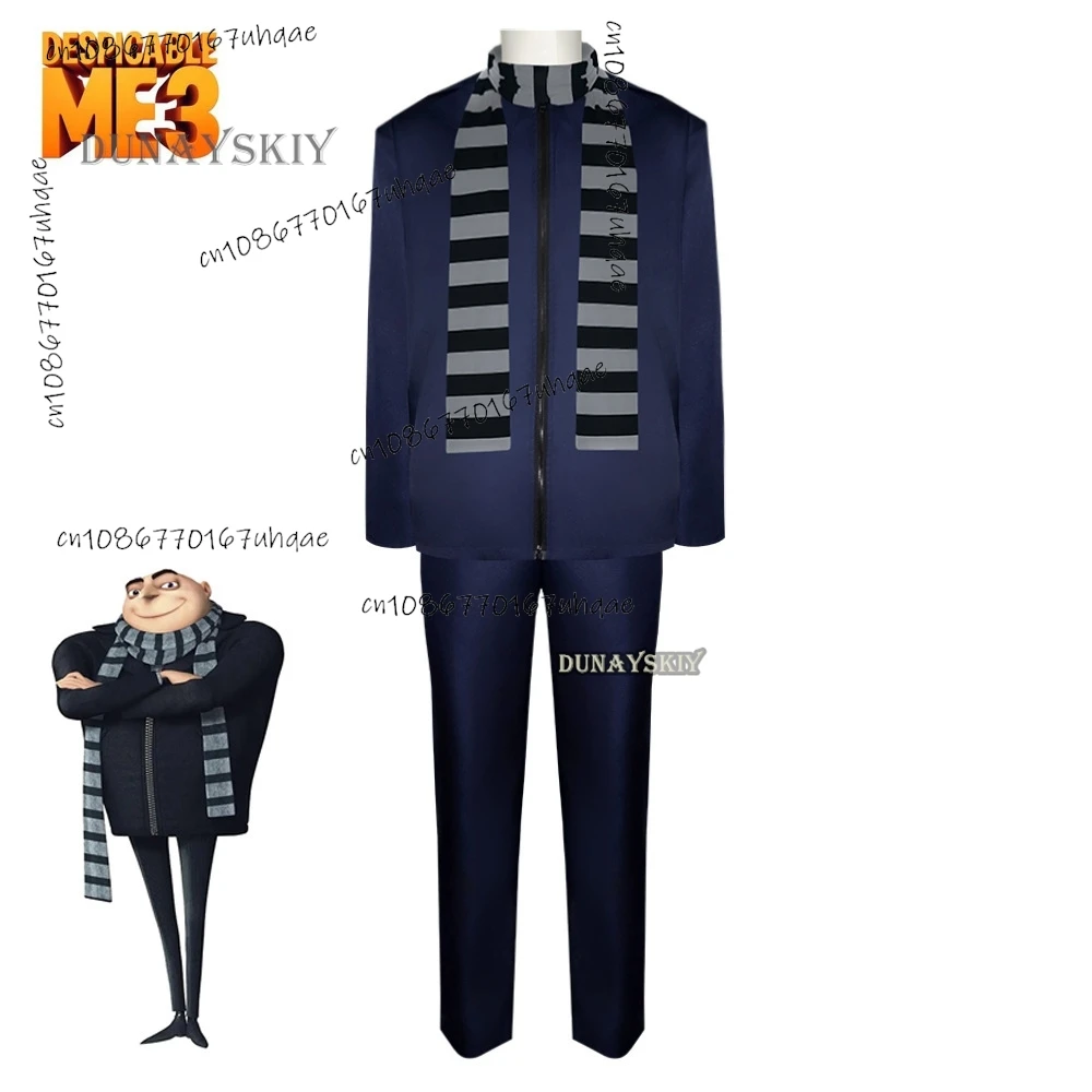 Gru Film Cosplay Kostüm Mantel Hosen Schal für Männer Männliche Verkleidung Dress-Up Party Fantasy Outfits Halloween Karneval Rollenspiel Anzug