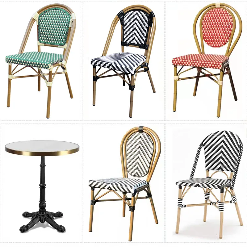 

Outdoor rattan tables and chairs French outdoor coffee shop restaurant chairs can be stacked with imitation wood grain