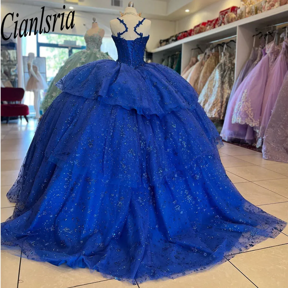 Vestidos Princesa Quinceanera, Azul Royal, borlas frisadas, cintas de espaguete Espartilho, vestidos de baile, mexicana, 2023