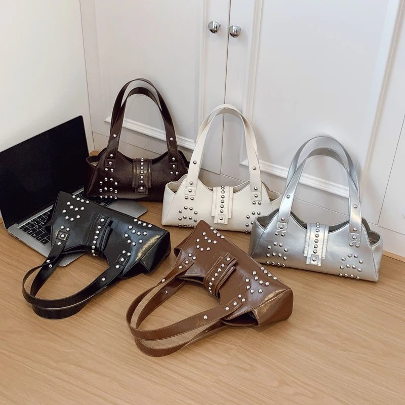 Fashion Solid Color PU Zipper Rivet Light Luxury Sweet Shoulder Bags for Women 2026 High Quality Temperament Concise Handbags