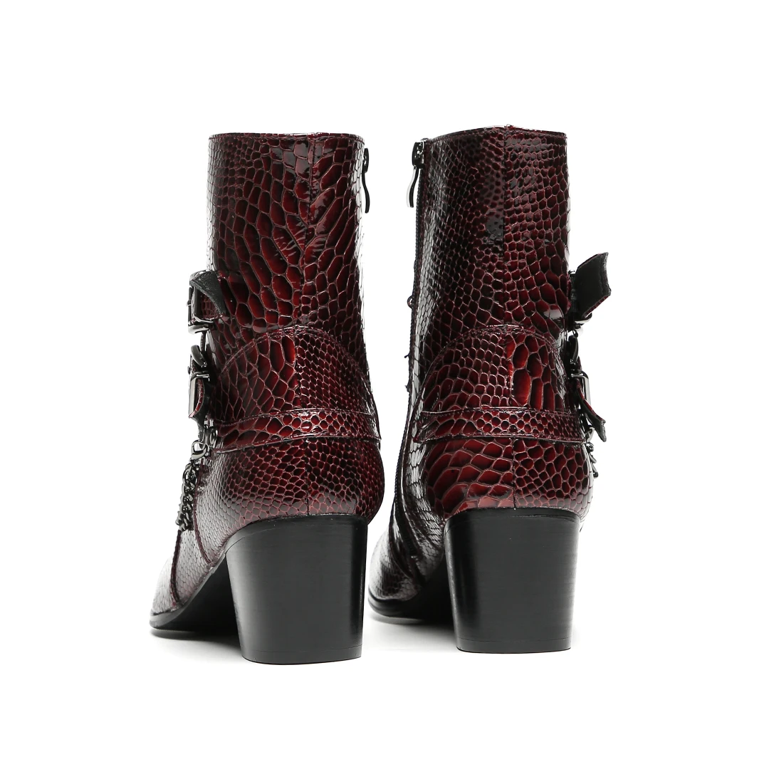 Herren-Stiefeletten aus burgunderrotem Schlangenleder: Kette, Schnallen, Reißverschluss, Blockabsatz | Partys, Bühne, Straße | Rock-Punk-Stil – Detail 5
