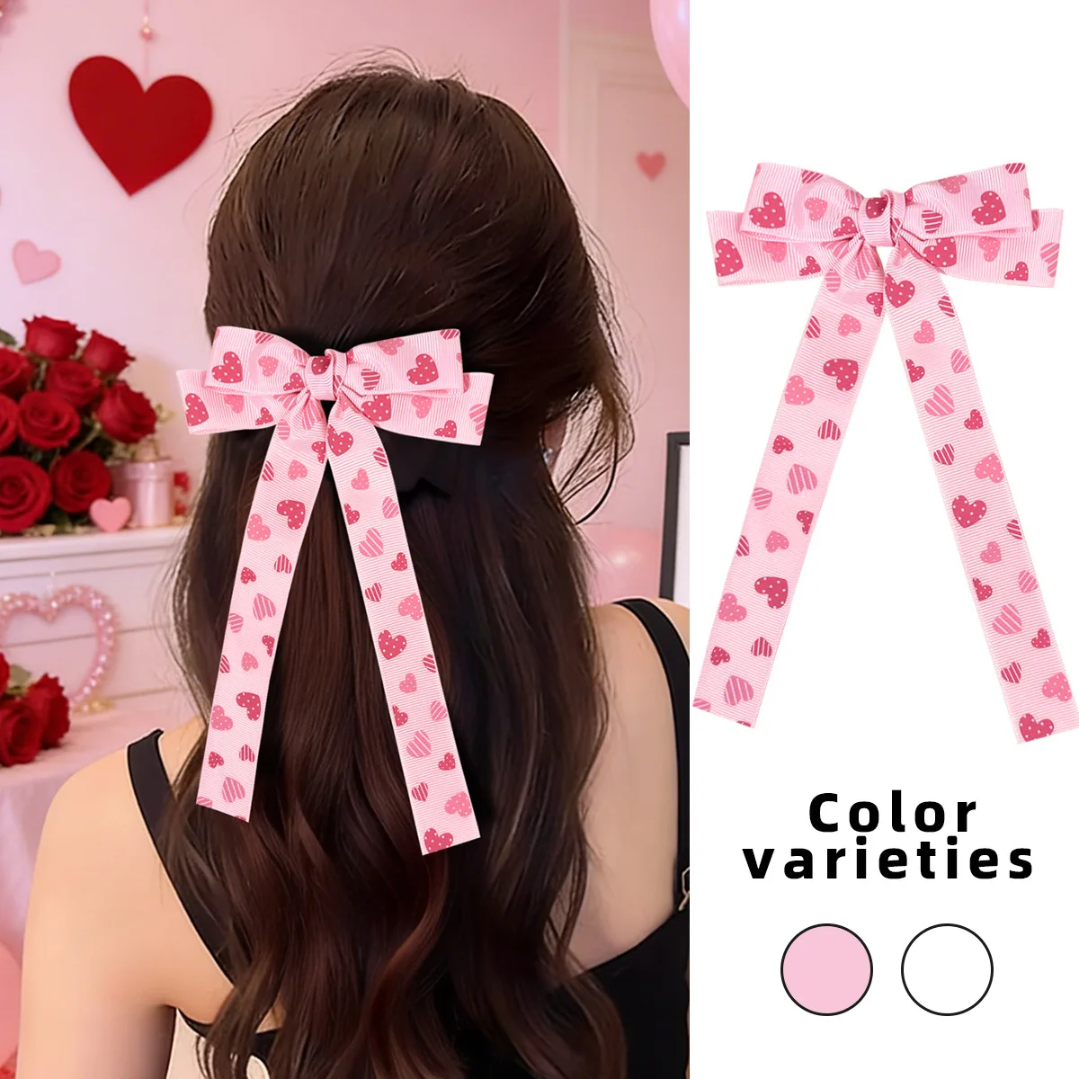36PCs Long Tassel Heart Printed Bow Hair Clips Bulk Pack Valentine's Day Theme Girls Women Hair Accessories Kids Headwear