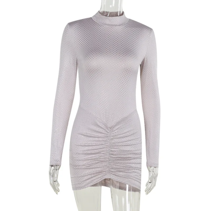 Gtpdpllt Rollkragen-Langarm-Minikleid, transparent, funkelnde Pailletten, sexy Kleider für Damen, 2024, Party, Club, figurbetonte Outfits