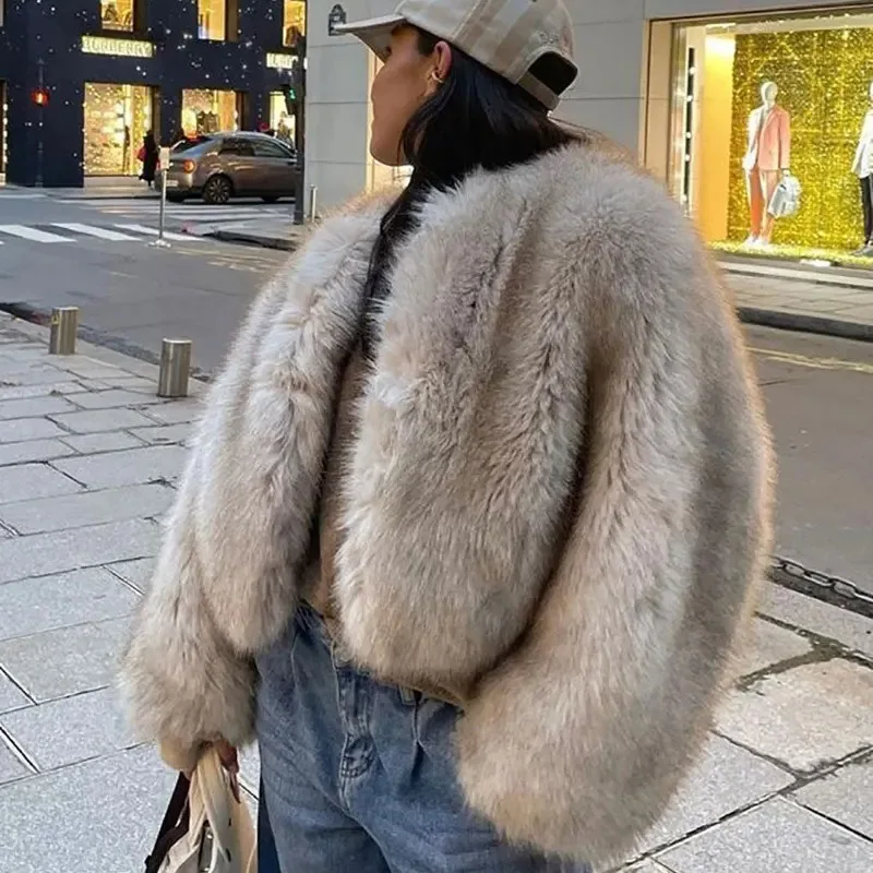 Casaco curto de pele de raposa feminino, tocas casuais, estilo de rua europeu e americano, roupas femininas